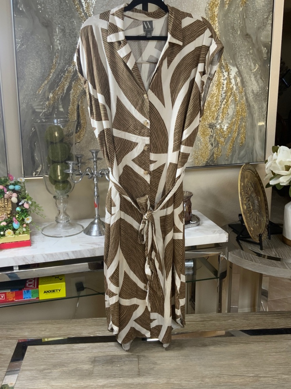 Worthington Brown and Cream Abstract Tie-Waist Midi Dress